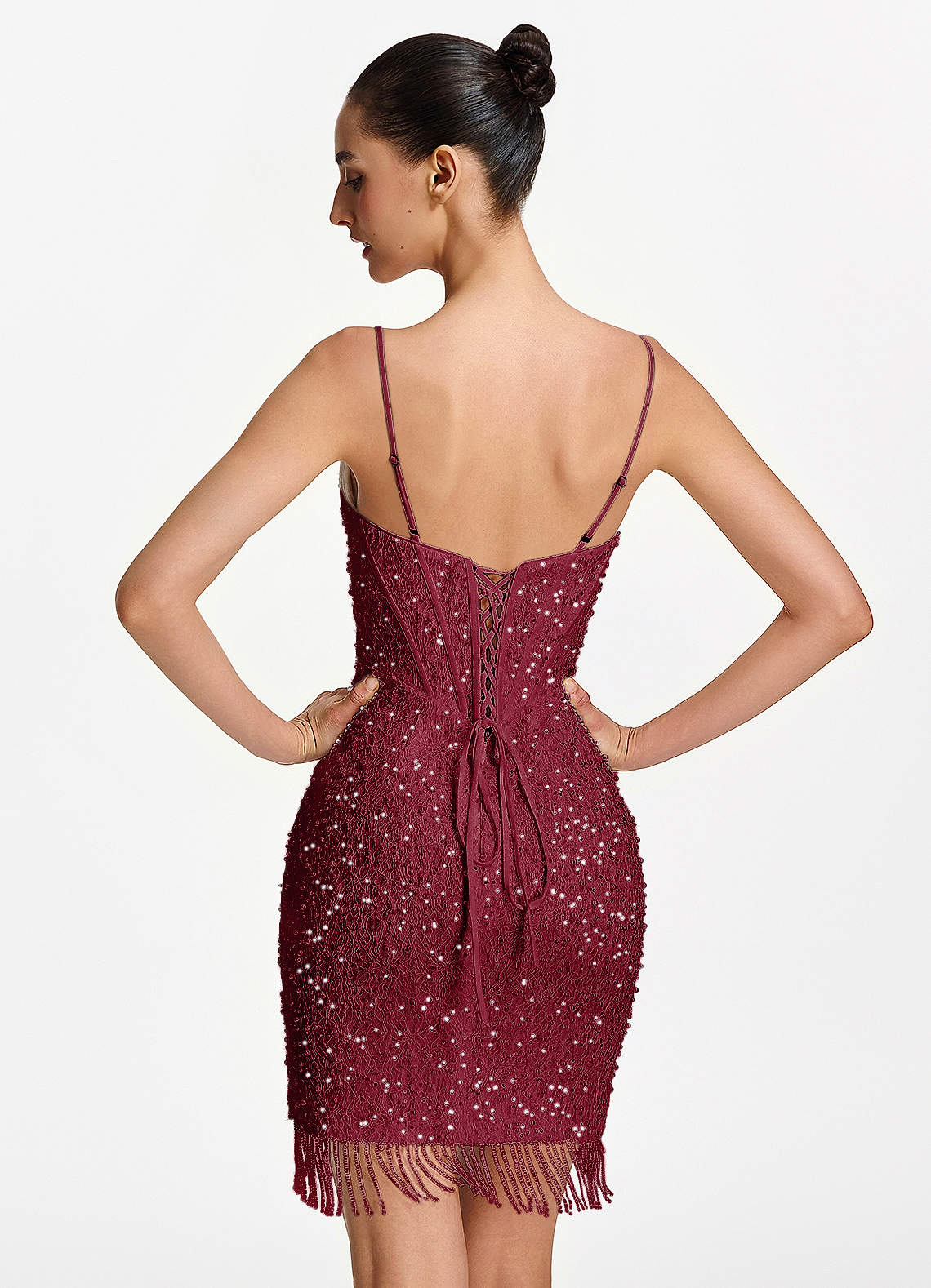 Liliana Bodycon Mini Beaded Fringe Stretch Mesh Prom Dress in Burgundy