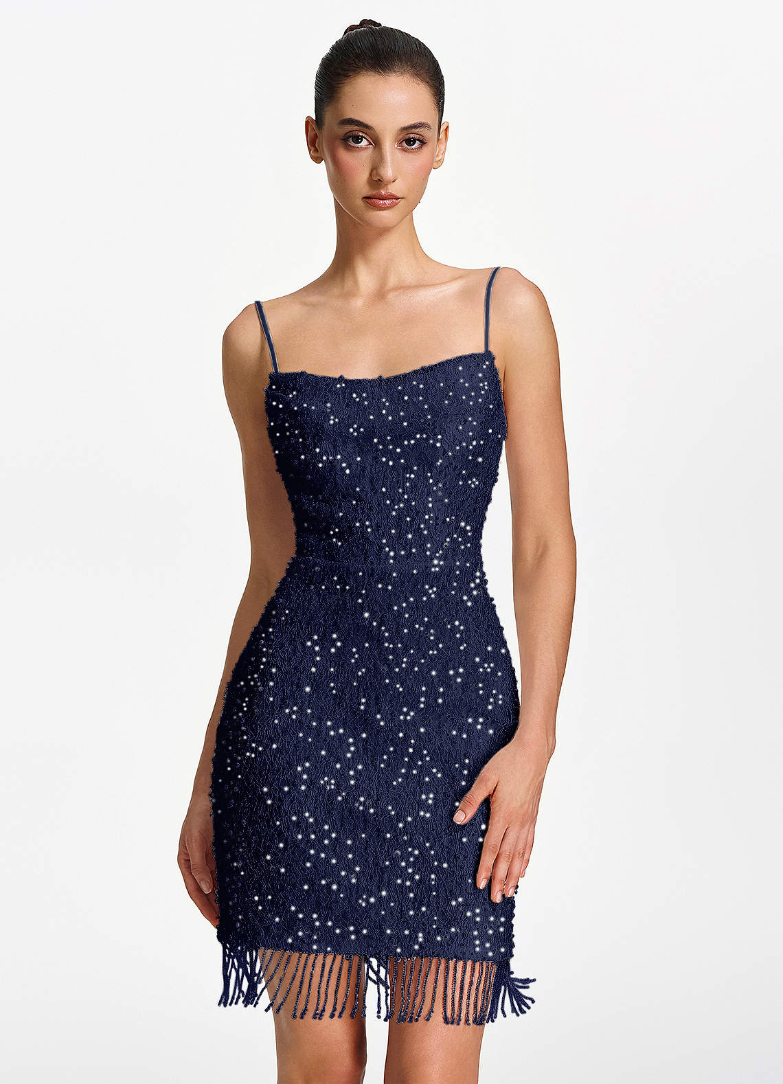 Liliana Bodycon Mini Beaded Fringe Stretch Mesh Prom Dress in Dark Navy