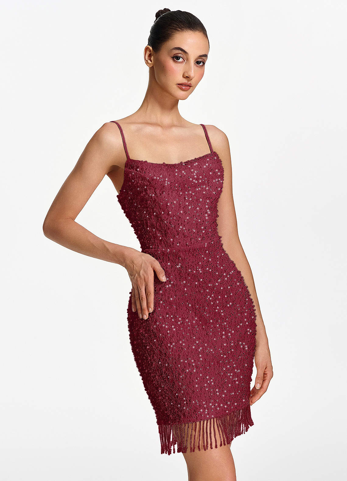 Liliana Bodycon Mini Beaded Fringe Stretch Mesh Prom Dress in Fuchsia