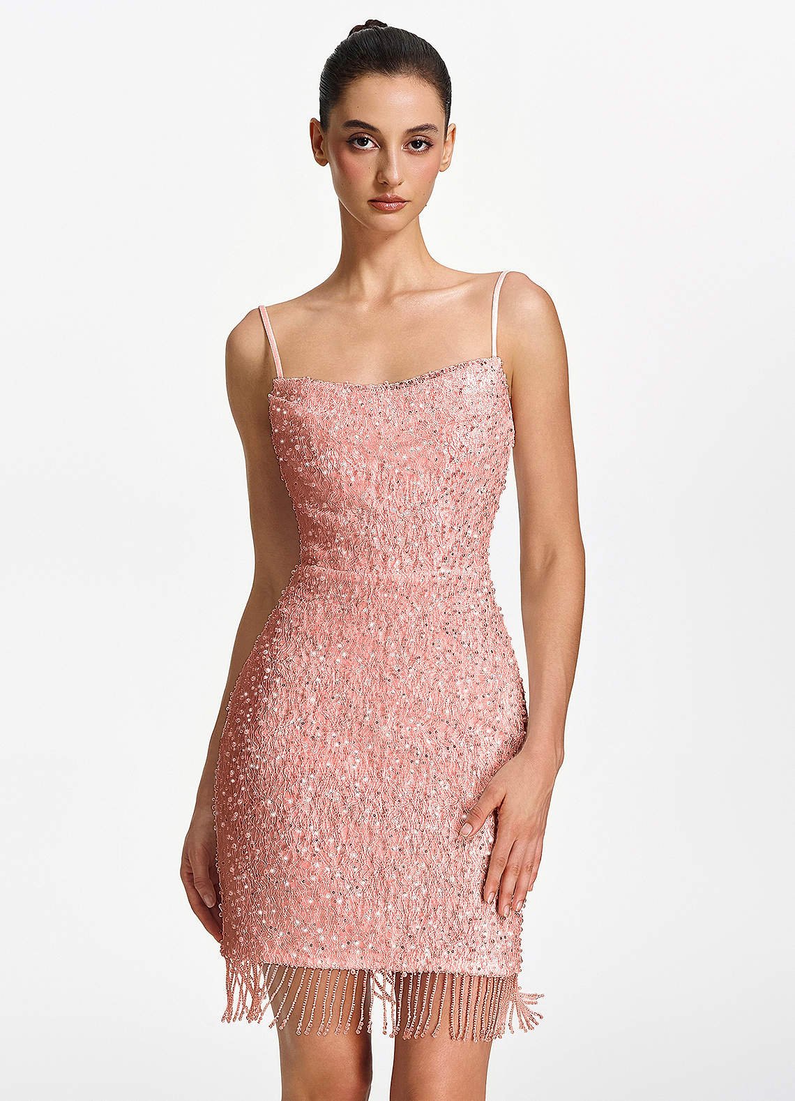 Liliana Bodycon Mini Beaded Fringe Stretch Mesh Prom Dress in Pink