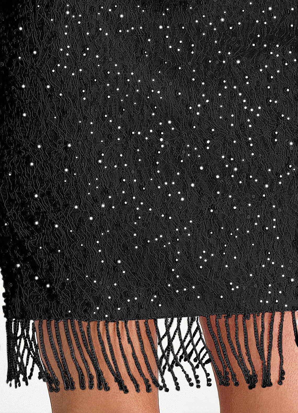 Liliana Bodycon Mini Beaded Fringe Stretch Mesh Prom Dress in Black