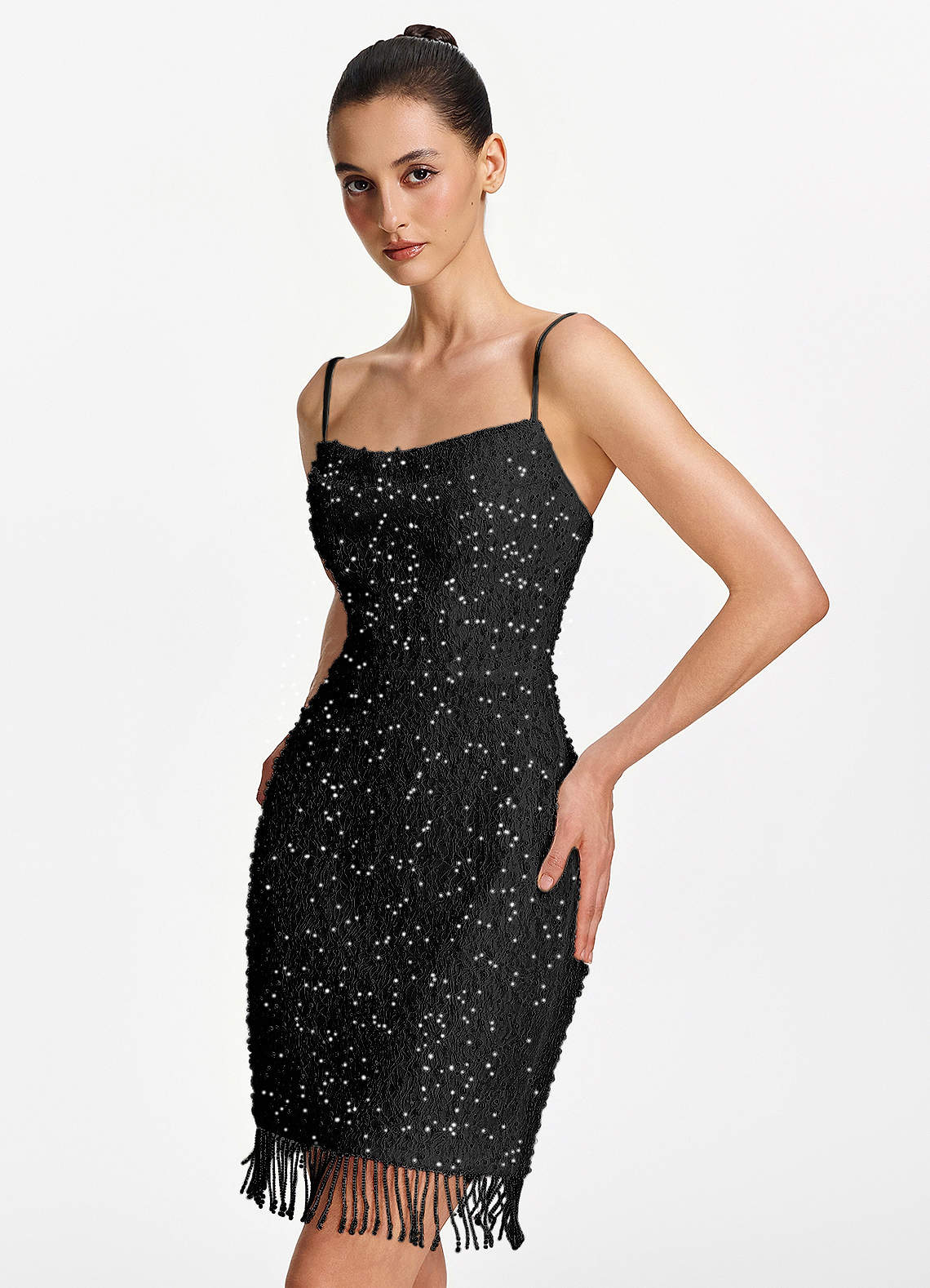 Liliana Bodycon Mini Beaded Fringe Stretch Mesh Prom Dress in Black