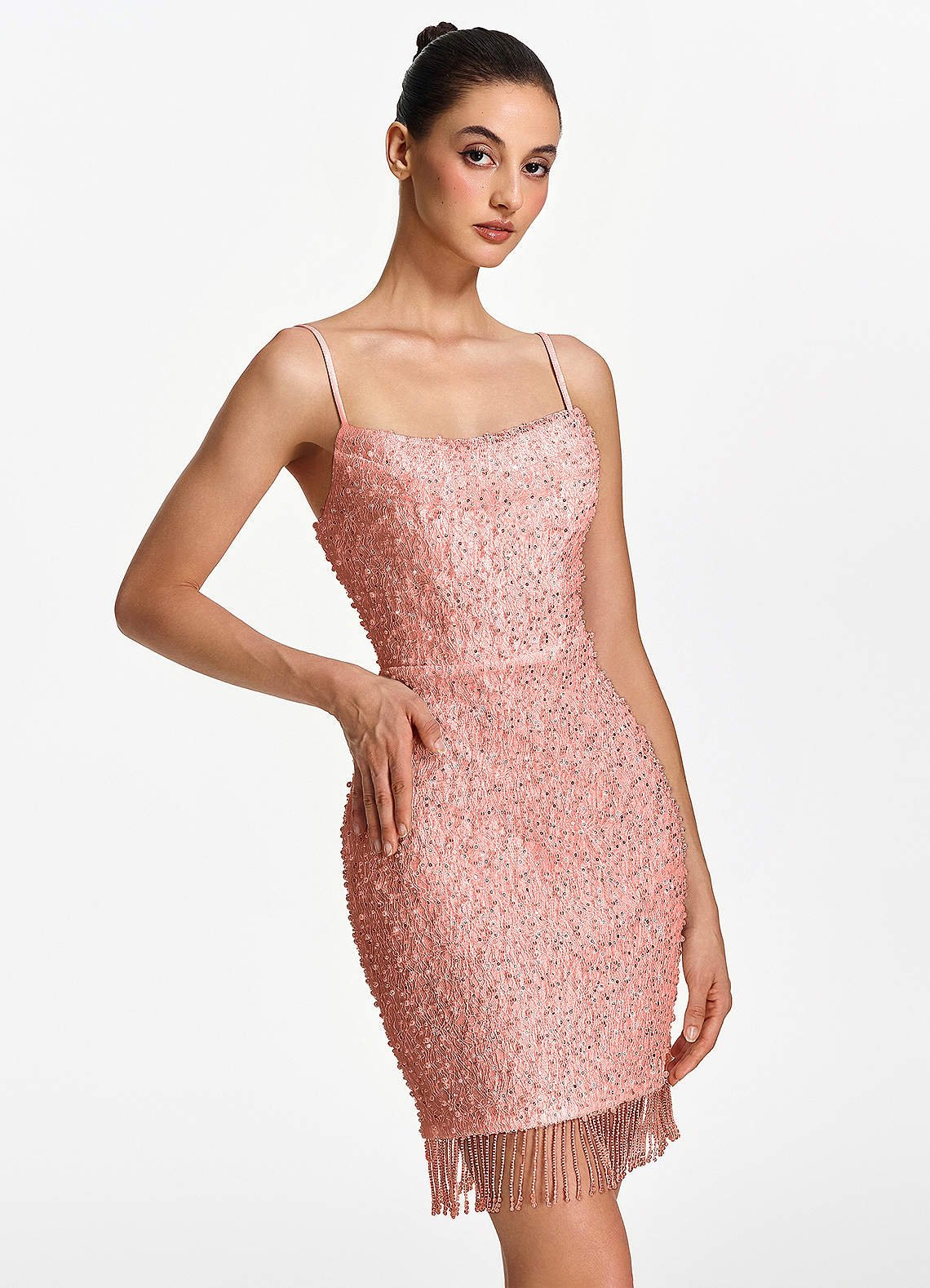 Liliana Bodycon Mini Beaded Fringe Stretch Mesh Prom Dress in Fuchsia