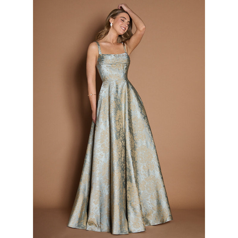 Lilla A-Line Pleated Jacquard Taffeta Evening Dress in Vintage Blue - photo 2