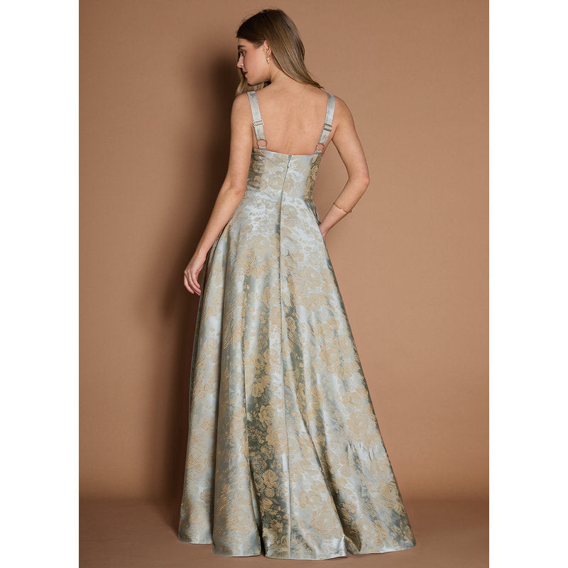 Lilla A-Line Pleated Jacquard Taffeta Evening Dress in Vintage Blue - photo 3