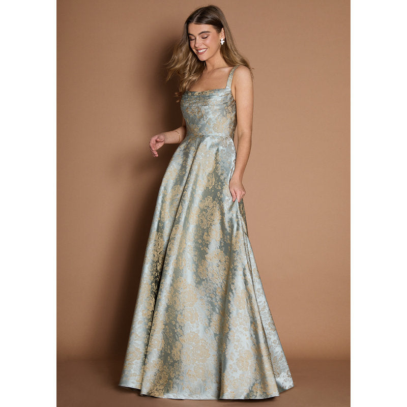 Lilla A-Line Pleated Jacquard Taffeta Evening Dress in Vintage Blue - photo 4