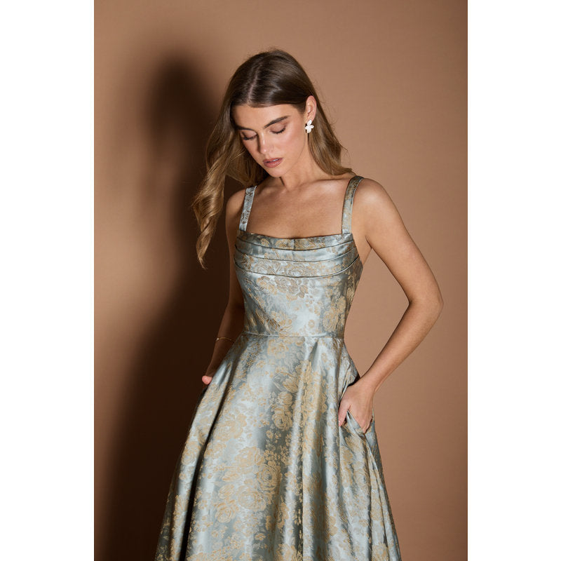 Lilla A-Line Pleated Jacquard Taffeta Evening Dress in Vintage Blue - photo 6