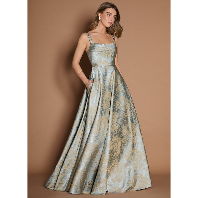 Lilla A-Line Pleated Jacquard Taffeta Evening Dress in Vintage Blue - photo 7