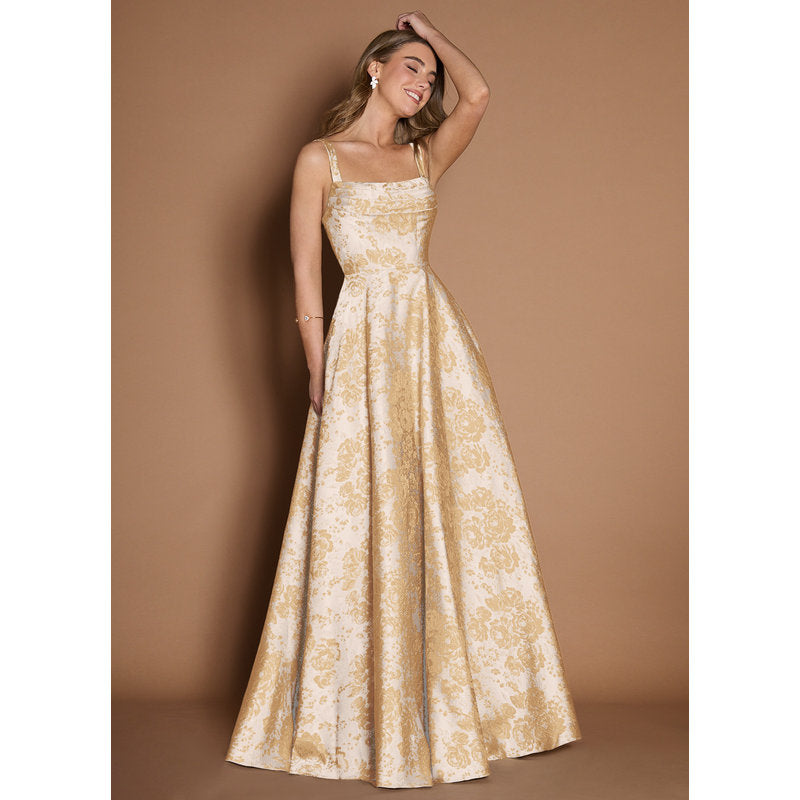 Lilla A-Line Pleated Jacquard Taffeta Evening Dress in Vintage Champagne - photo 1