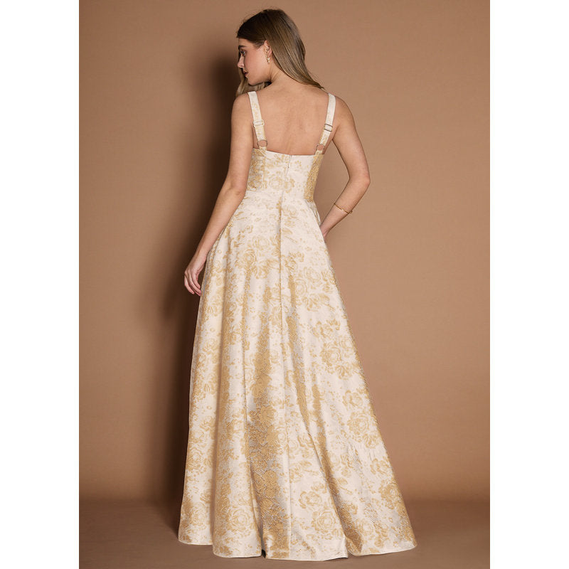 Lilla A-Line Pleated Jacquard Taffeta Evening Dress in Vintage Champagne - photo 2