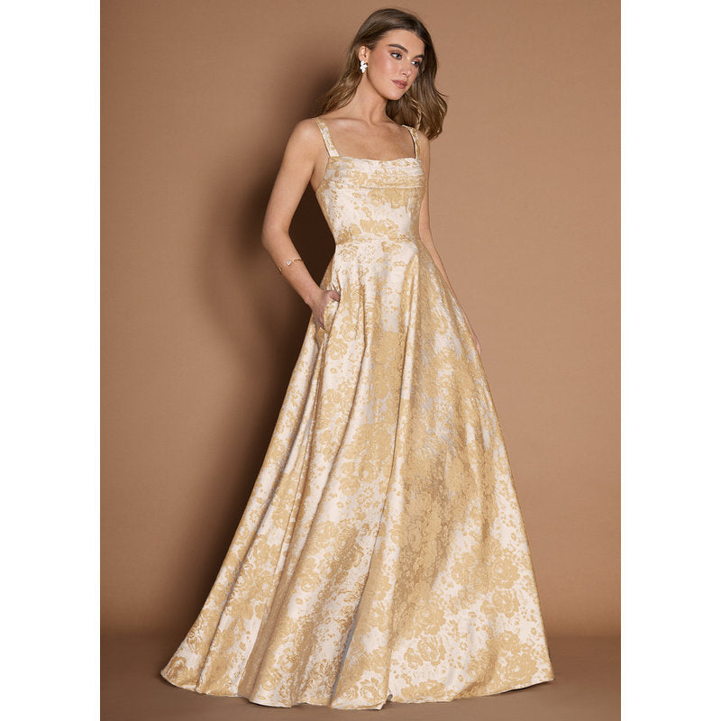 Lilla A-Line Pleated Jacquard Taffeta Evening Dress in Vintage Champagne - photo 3