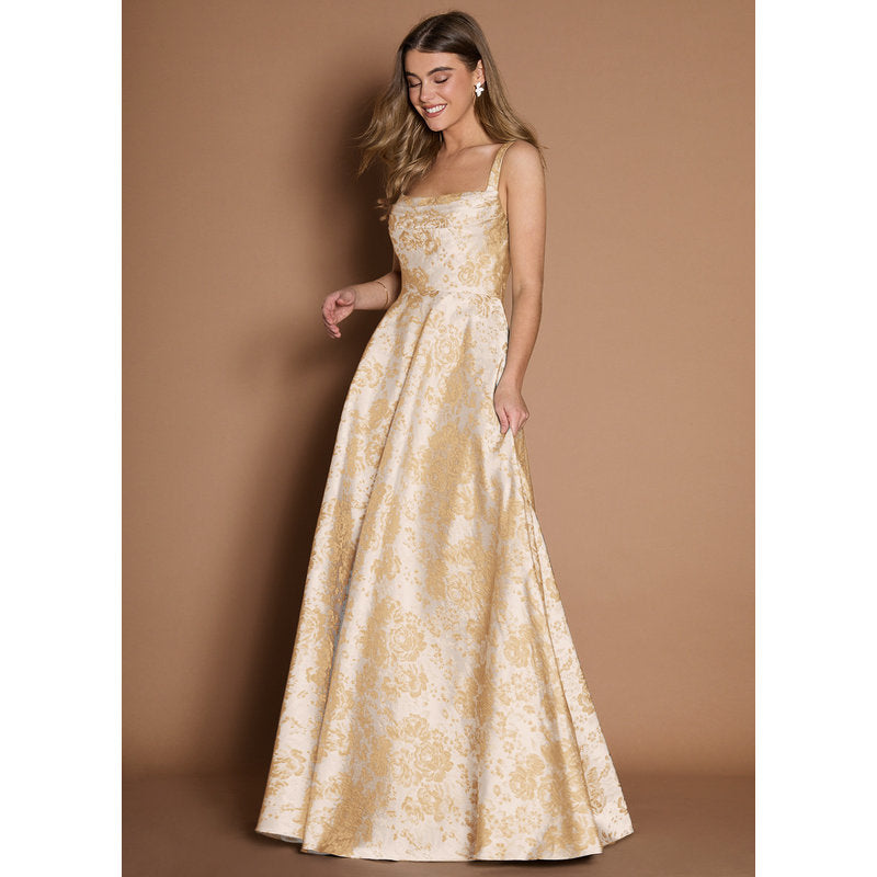 Lilla A-Line Pleated Jacquard Taffeta Evening Dress in Vintage Champagne - photo 4