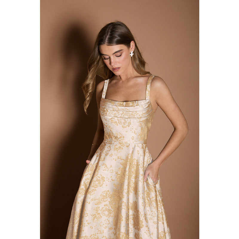 Lilla A-Line Pleated Jacquard Taffeta Evening Dress in Vintage Champagne - photo 5