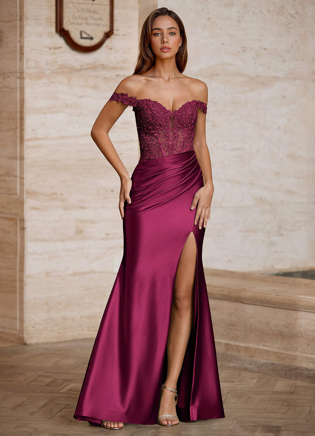 Linange Mermaid Off-the-Shoulder Stretch Satin Prom Dress in Wine