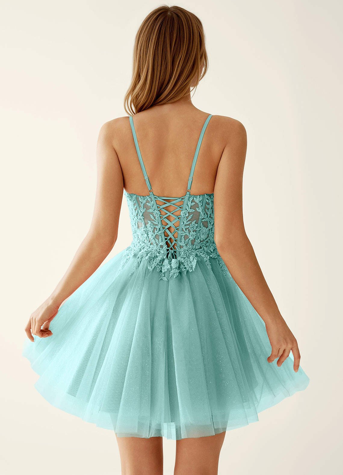 Linevange A-Line Beaded Tulle Prom Dress in Light Green