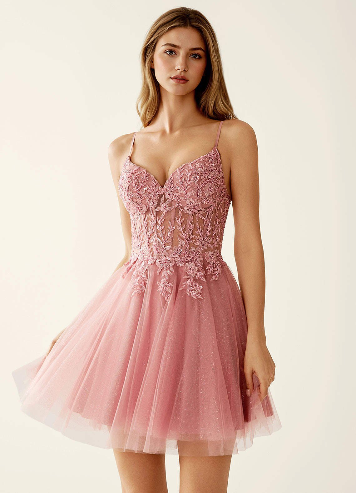 Linevange A-Line Beaded Tulle Prom Dress in Dusty Pink