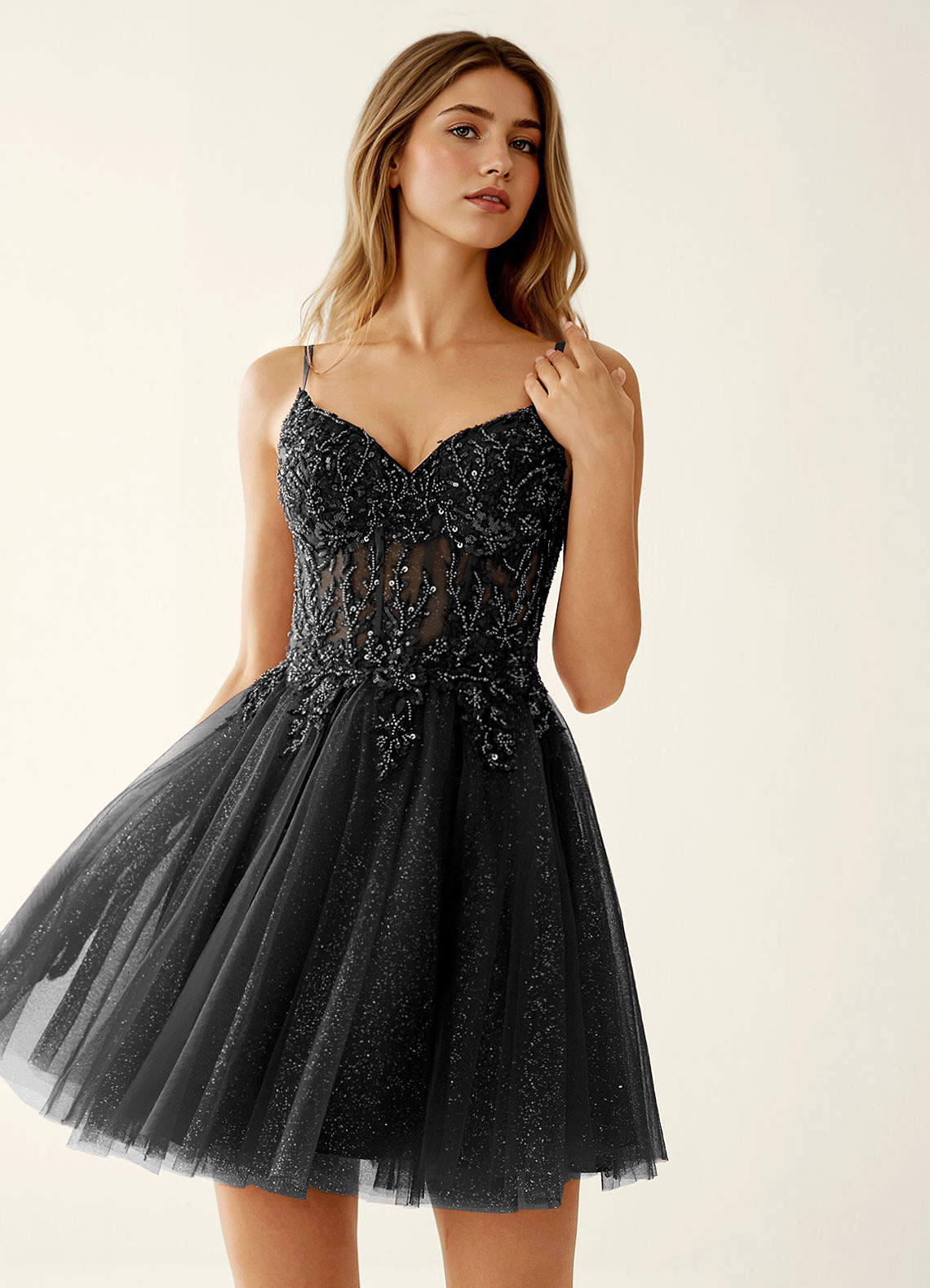 Linevange A-Line Beaded Tulle Prom Dress in black