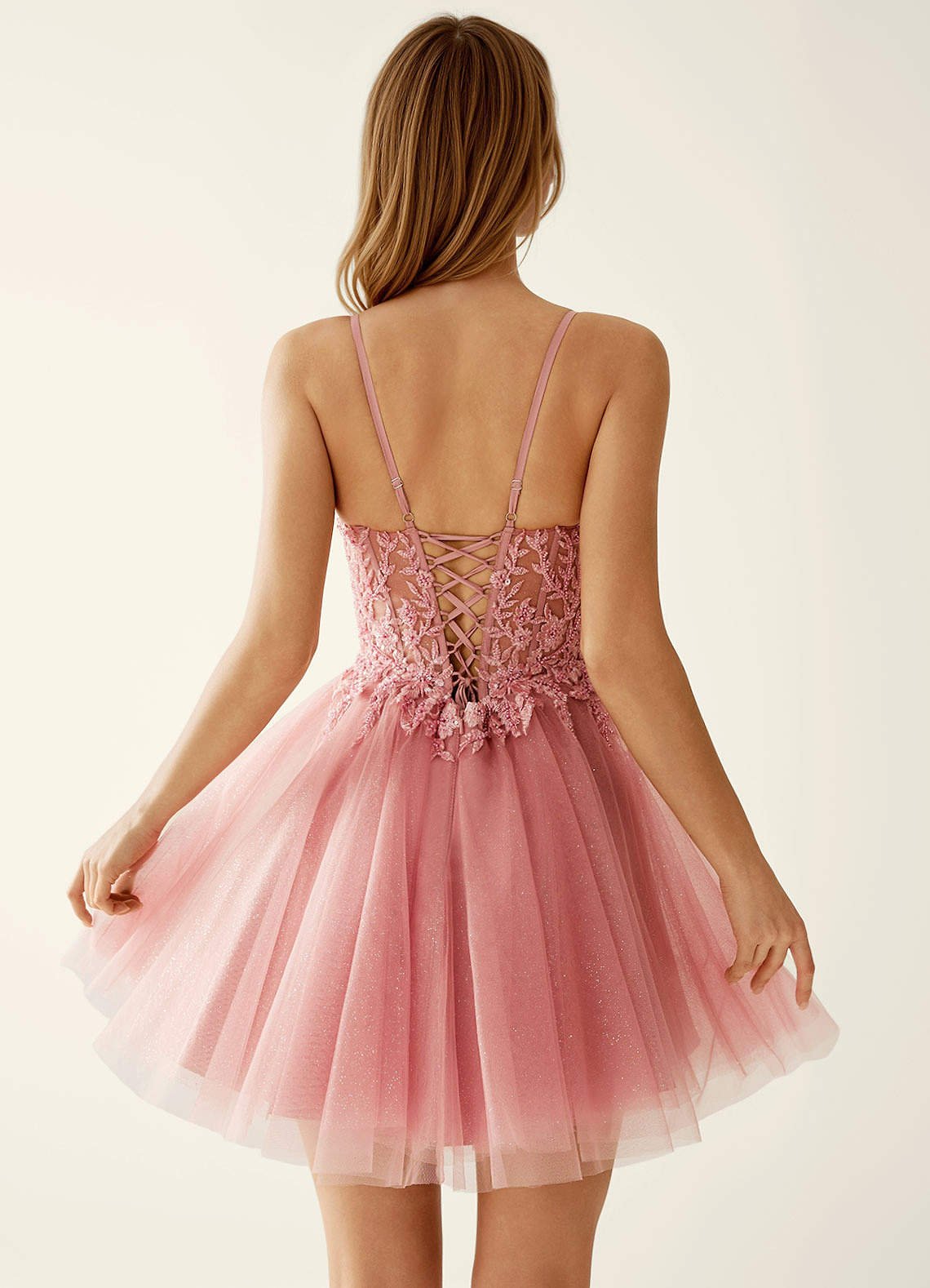 Linevange A-Line Beaded Tulle Prom Dress in Dusty Pink