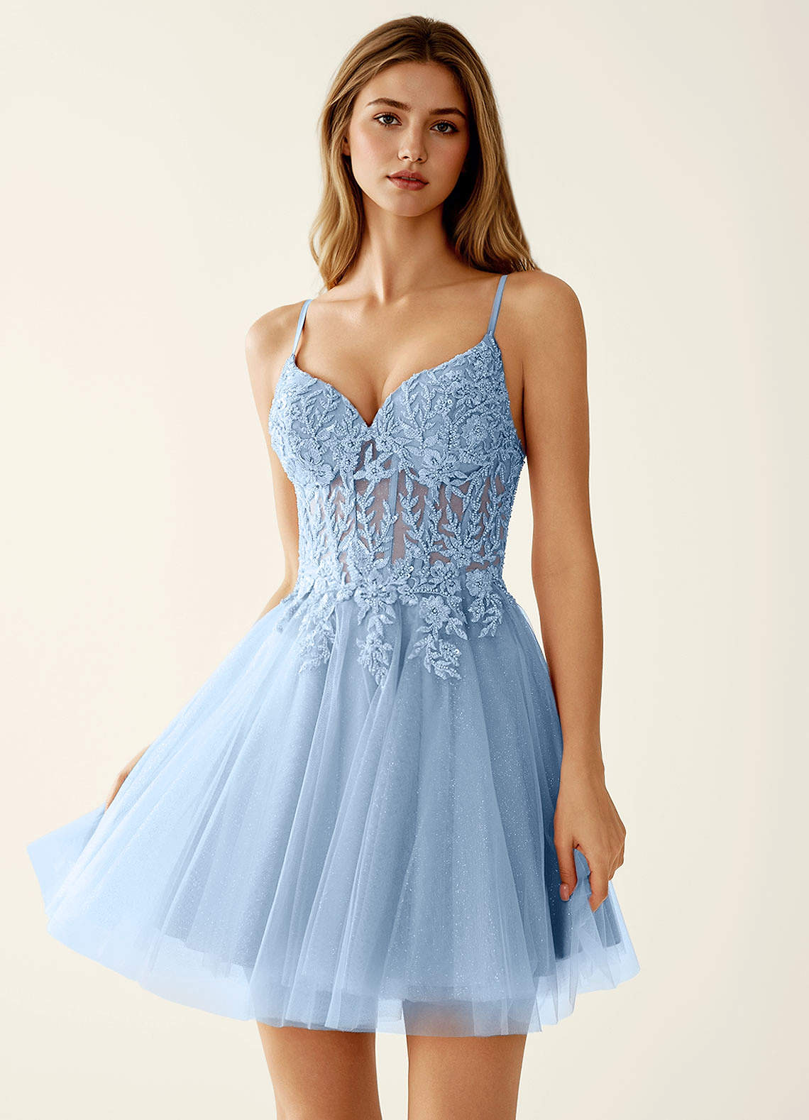 Linevange A-Line Beaded Tulle Prom Dress in Sky Blue