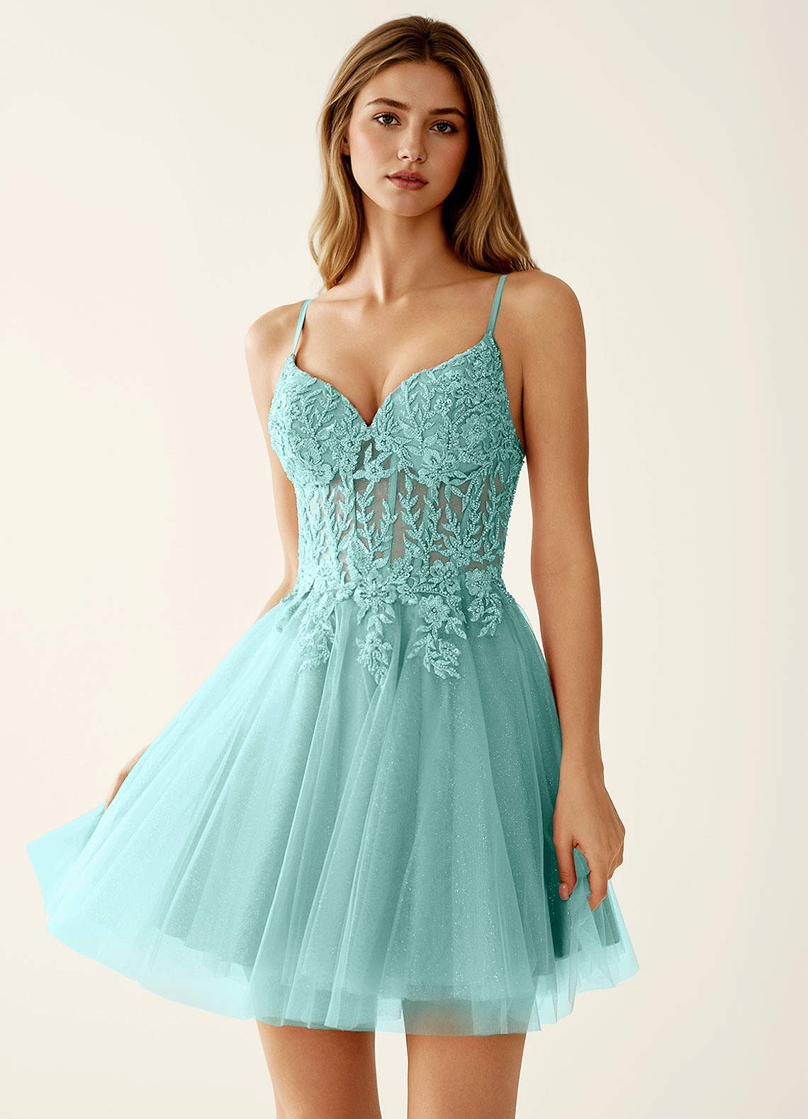 Linevange A-Line Beaded Tulle Prom Dress in Light Green