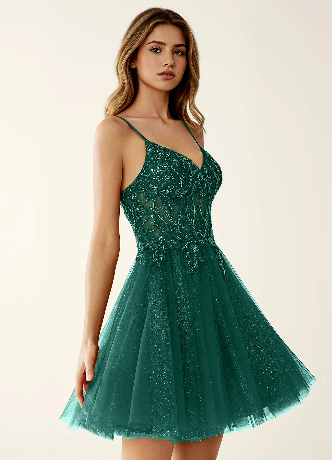 Linevange A-Line Beaded Tulle Prom Dress in Dark Green