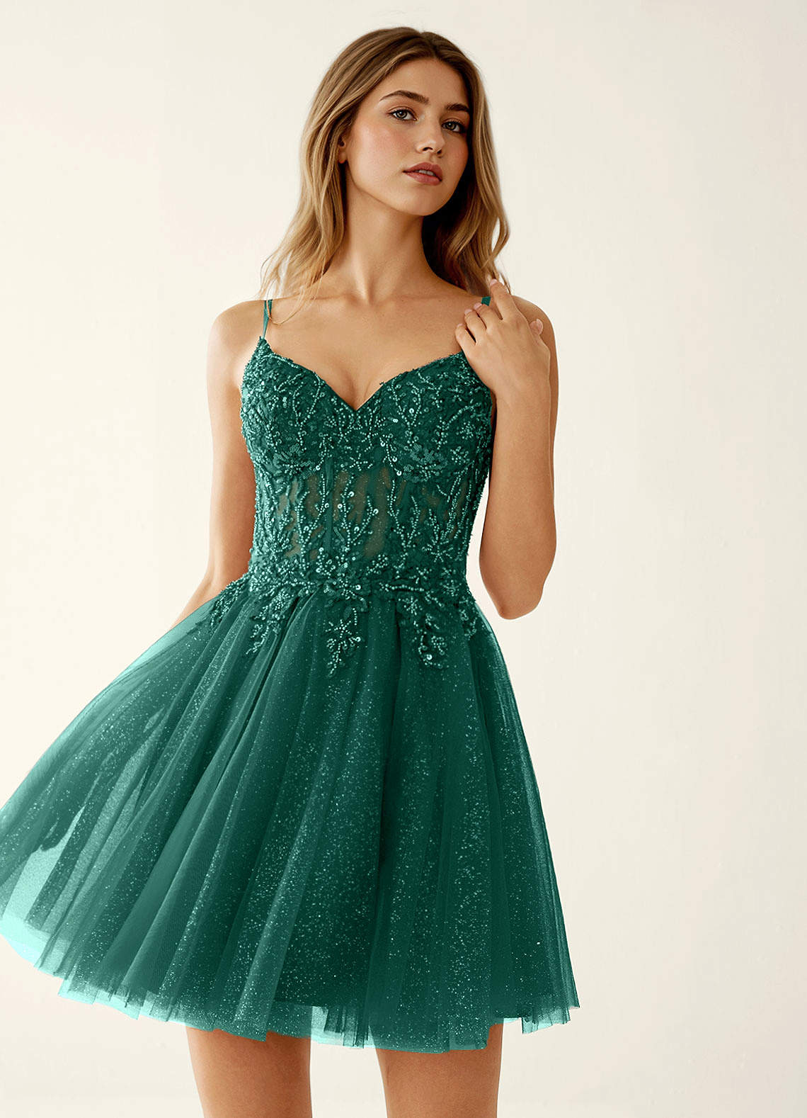 Linevange A-Line Beaded Tulle Prom Dress in Dark Green
