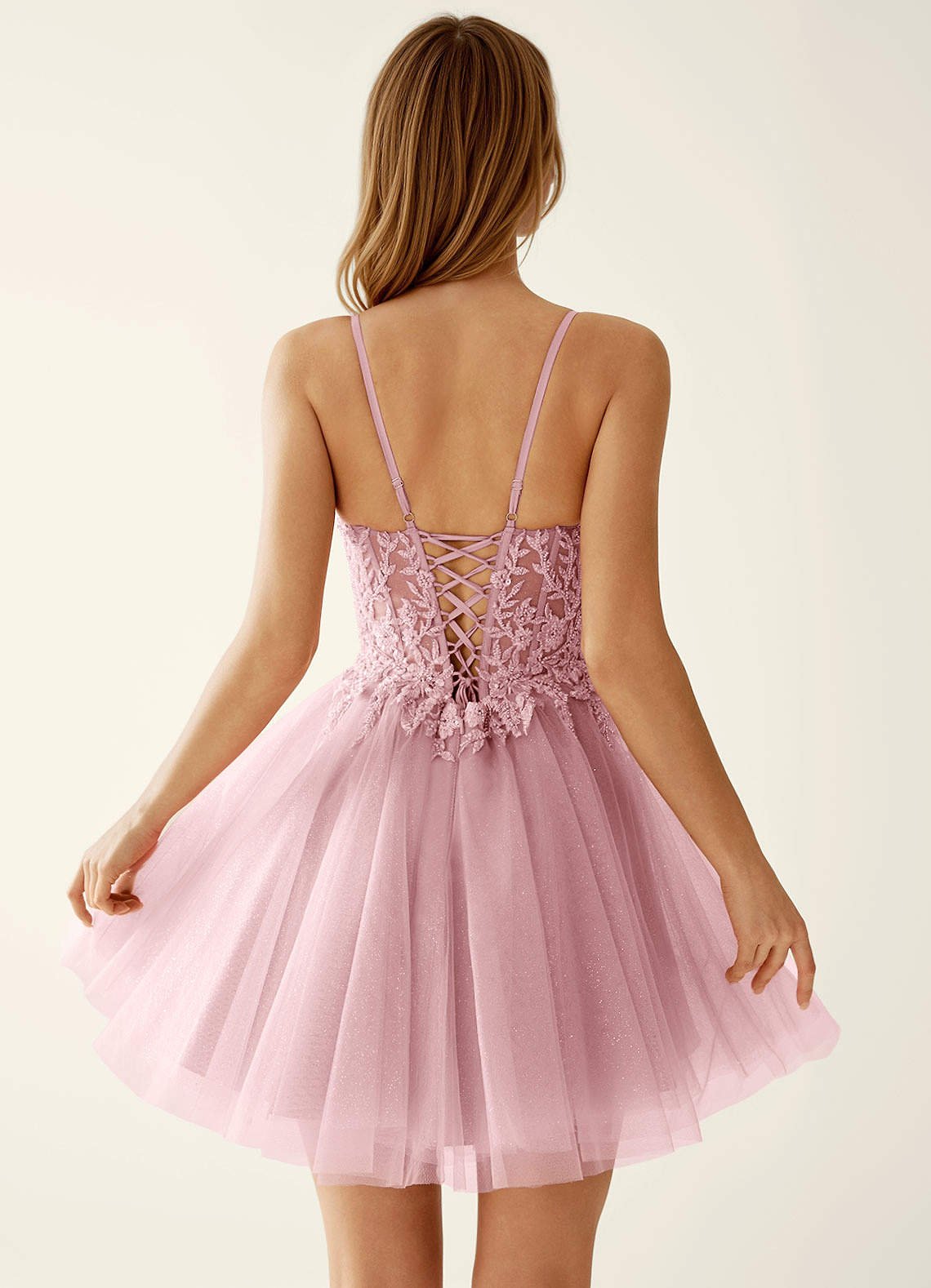Linevange A-Line Beaded Tulle Prom Dress in pink