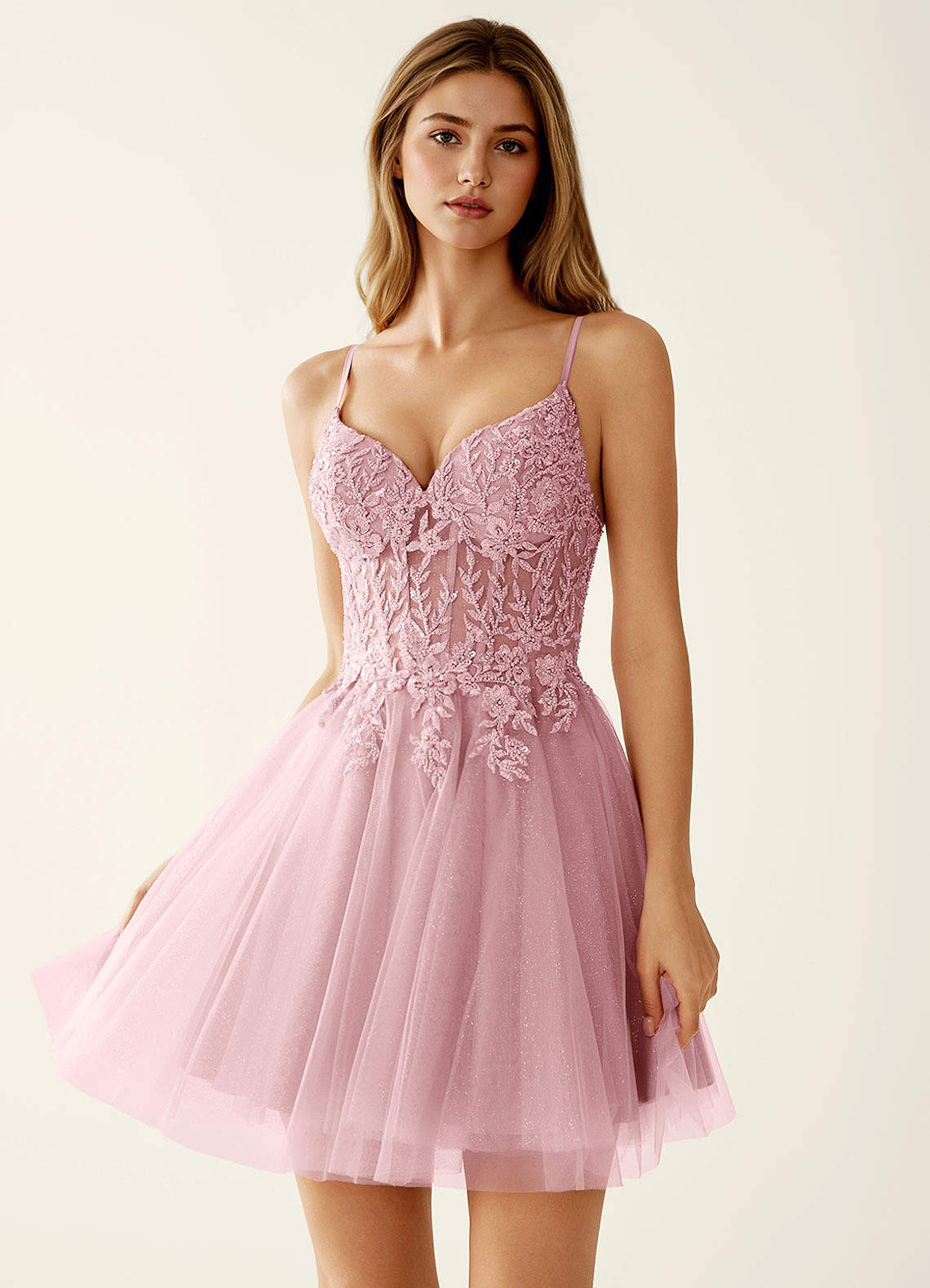Linevange A-Line Beaded Tulle Prom Dress in pink