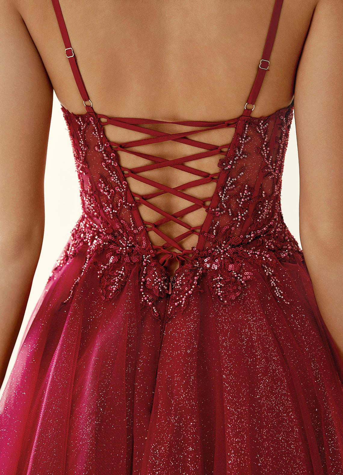 Linevange A-Line Beaded Tulle Prom Dress in Burgundy