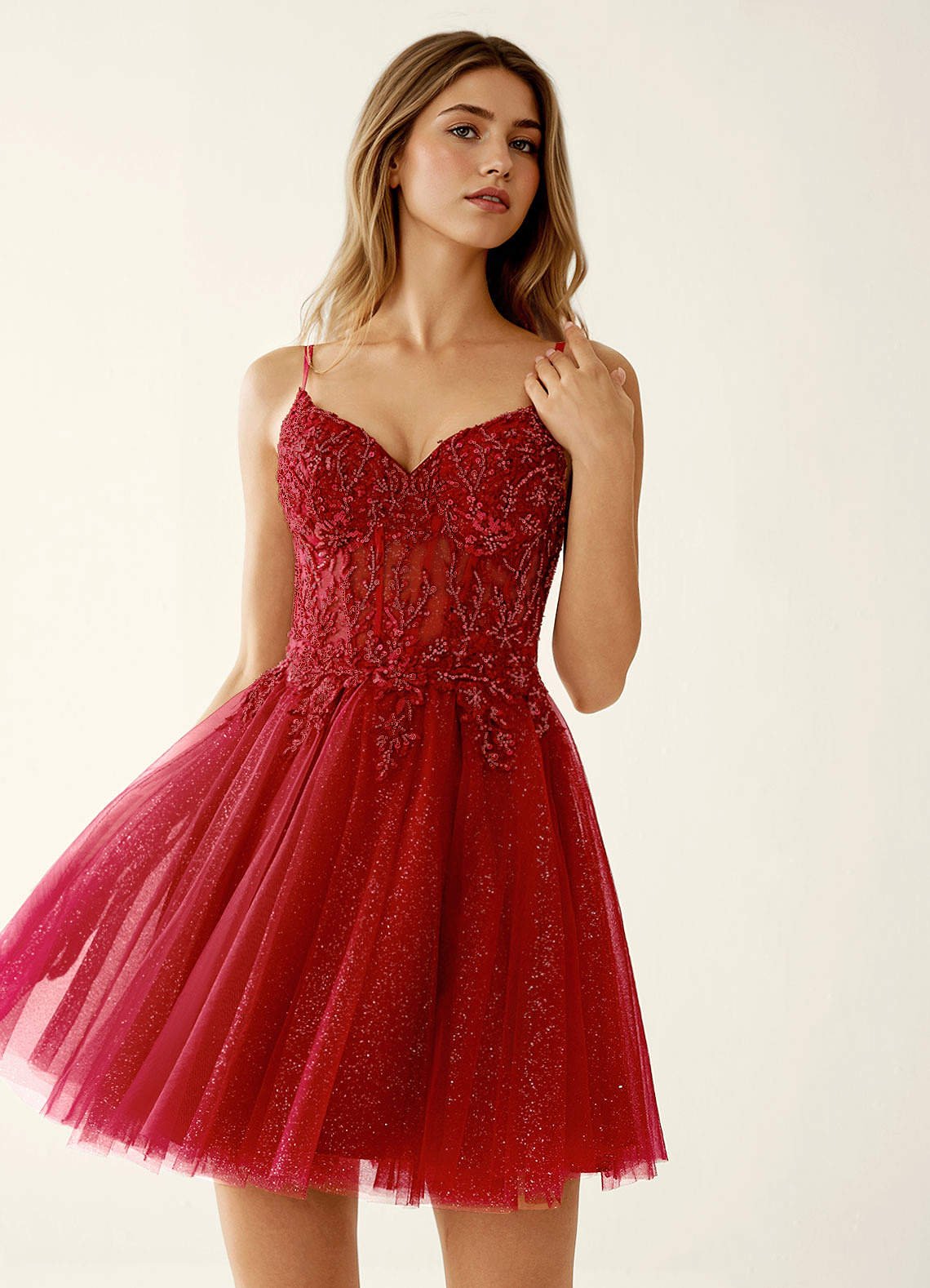 Linevange A-Line Beaded Tulle Prom Dress in Red