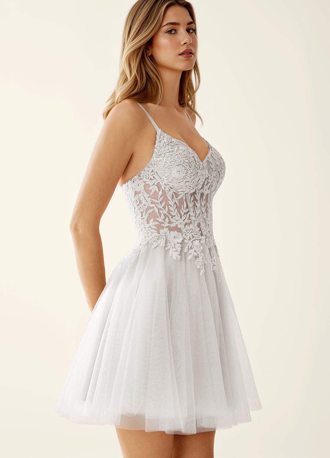 Linevange A-Line Beaded Tulle Prom Dress in white
