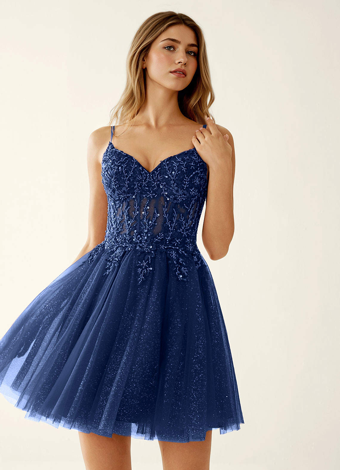 Linevange A-Line Beaded Tulle Prom Dress in Navy