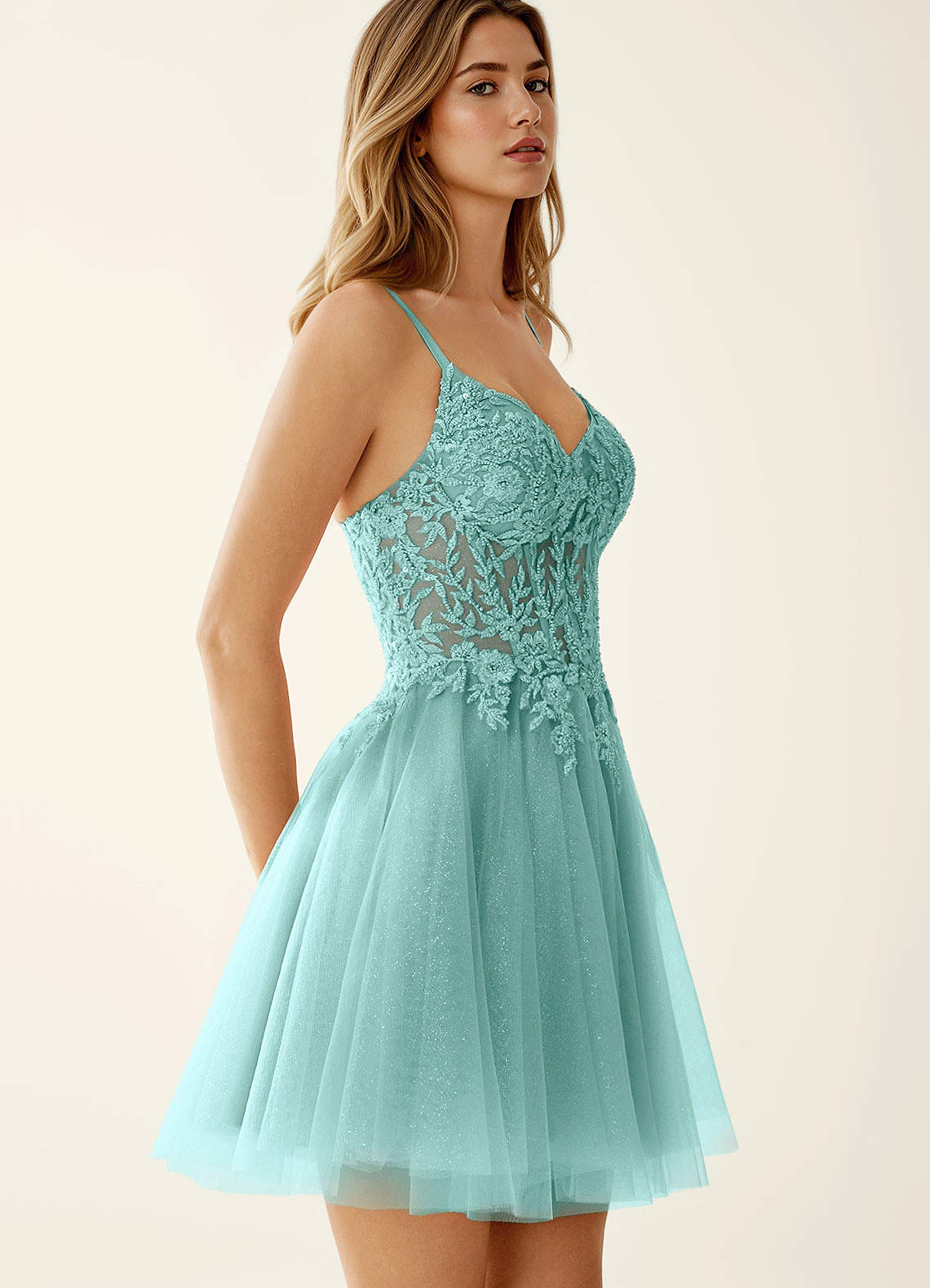 Linevange A-Line Beaded Tulle Prom Dress in Light Green