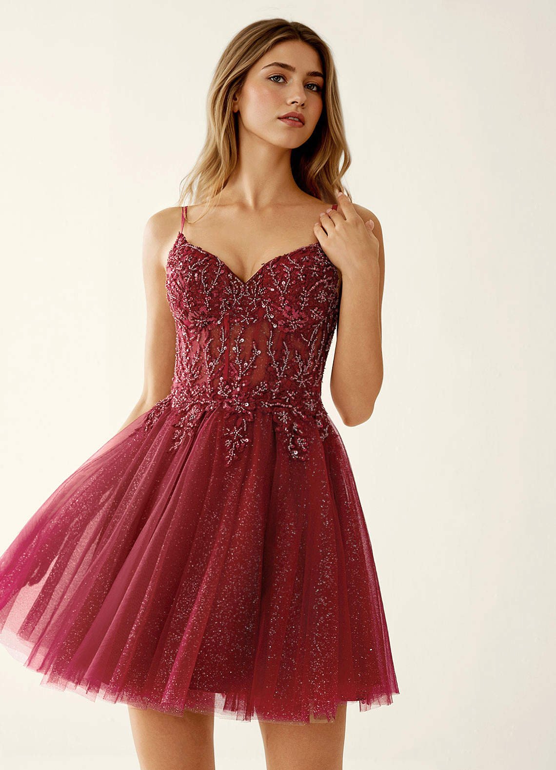 Linevange A-Line Beaded Tulle Prom Dress in Burgundy