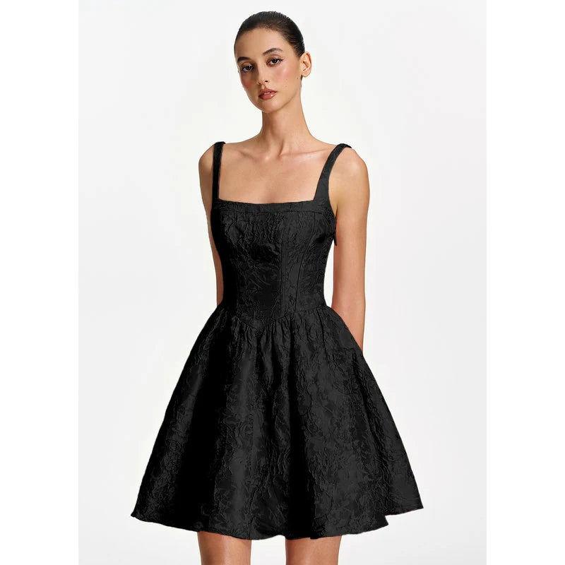 Lionelle Skater Mini Square-Neck Jacquard Prom Dress in Black — front view