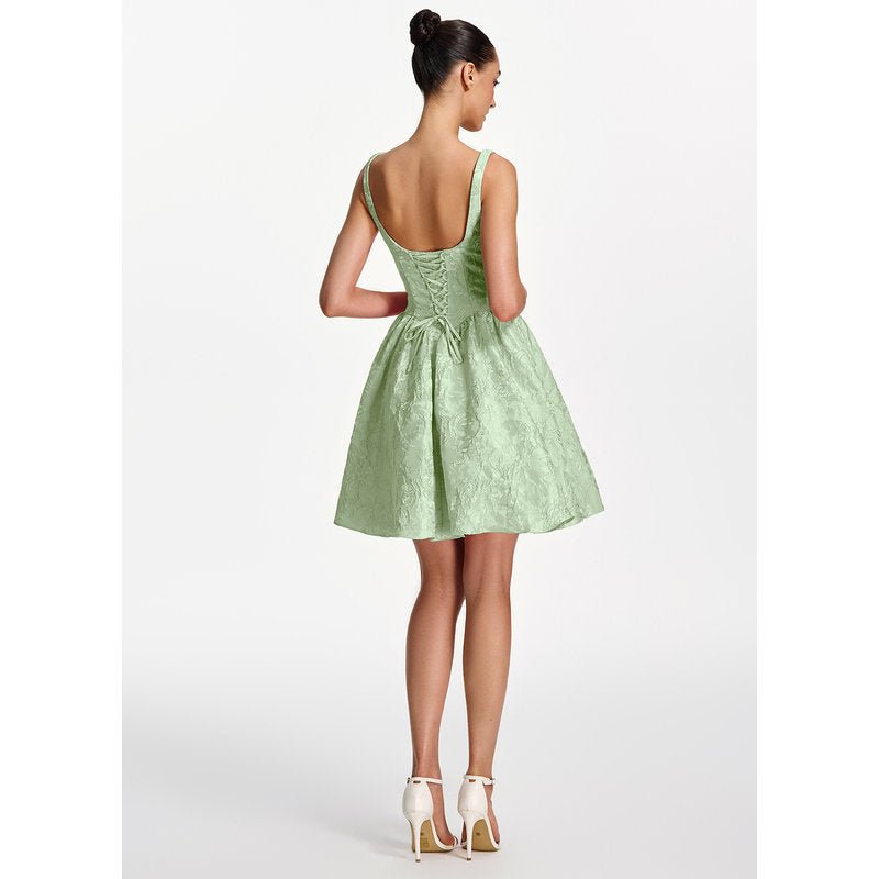 Lionelle Skater Mini Square-Neck Jacquard Prom Dress in Sage - photo 6