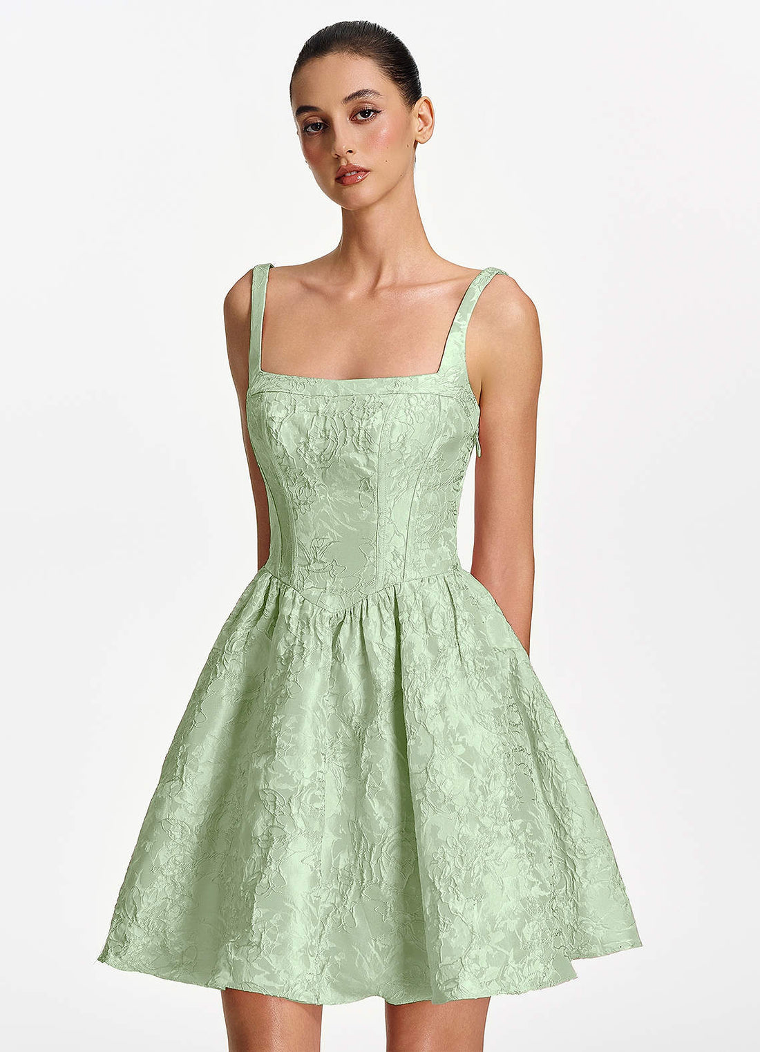 Lionelle Skater Mini Square-Neck Jacquard Prom Dress in Sage