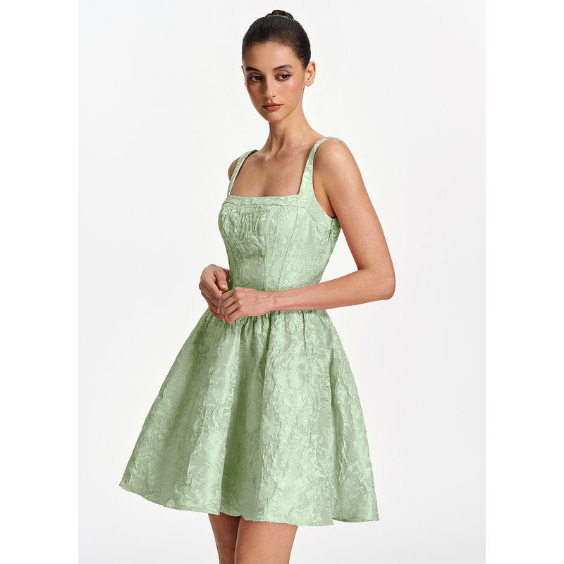 Lionelle Skater Mini Square-Neck Jacquard Prom Dress in Sage - photo 4