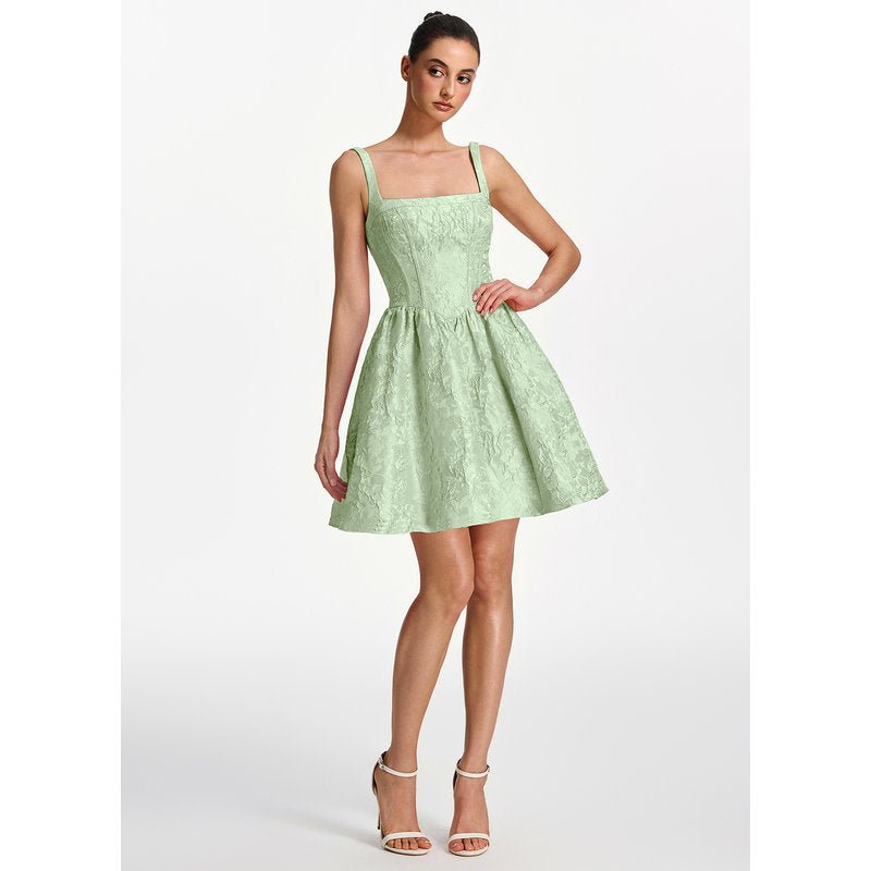 Lionelle Skater Mini Square-Neck Jacquard Prom Dress in Sage - photo 5
