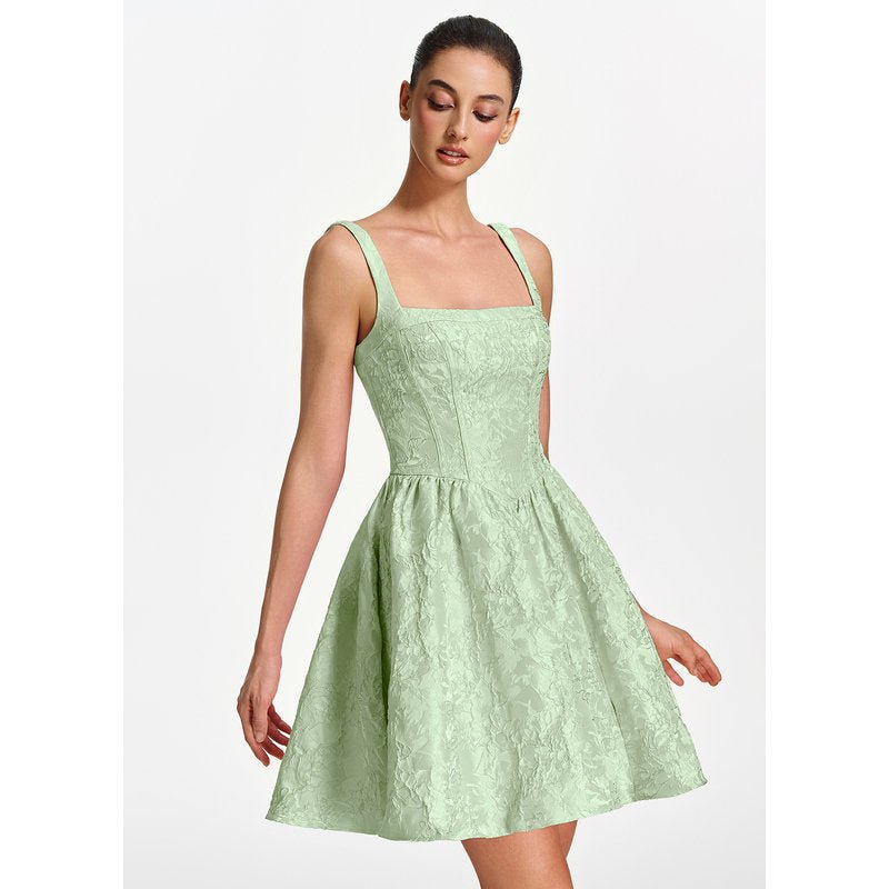 Lionelle Skater Mini Square-Neck Jacquard Prom Dress in Sage - photo 3