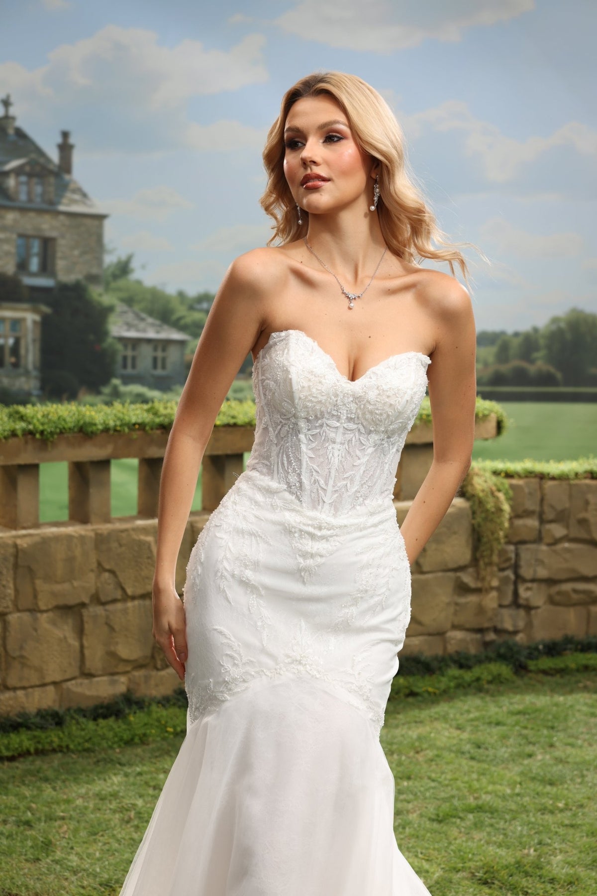 Liorenne white lace tulle wedding dress detail view 6