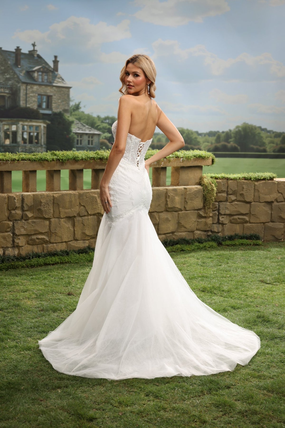 Liorenne white lace tulle wedding dress back view 9