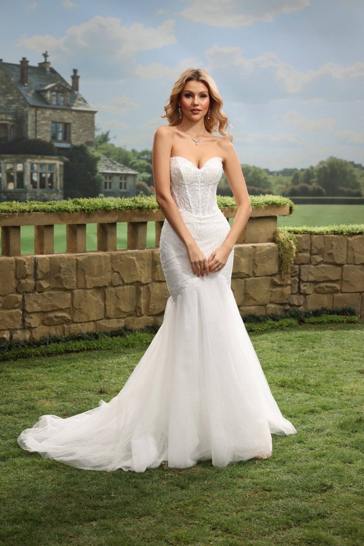 Liorenne white lace tulle wedding dress detail view 4