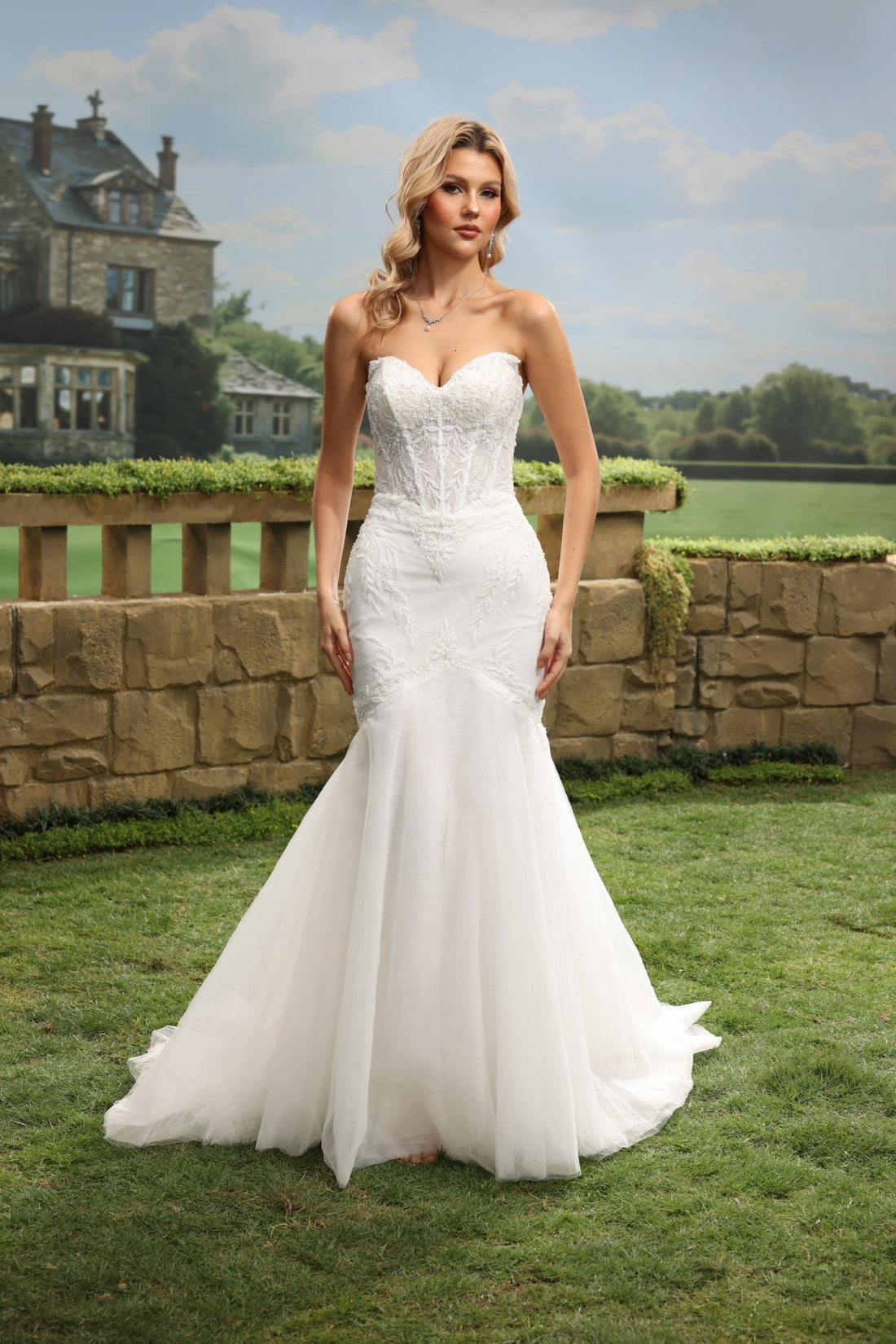Liorenne white lace tulle wedding dress front view 1