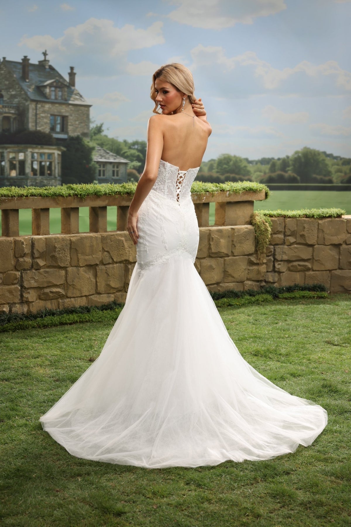 Liorenne white lace tulle wedding dress back view 8
