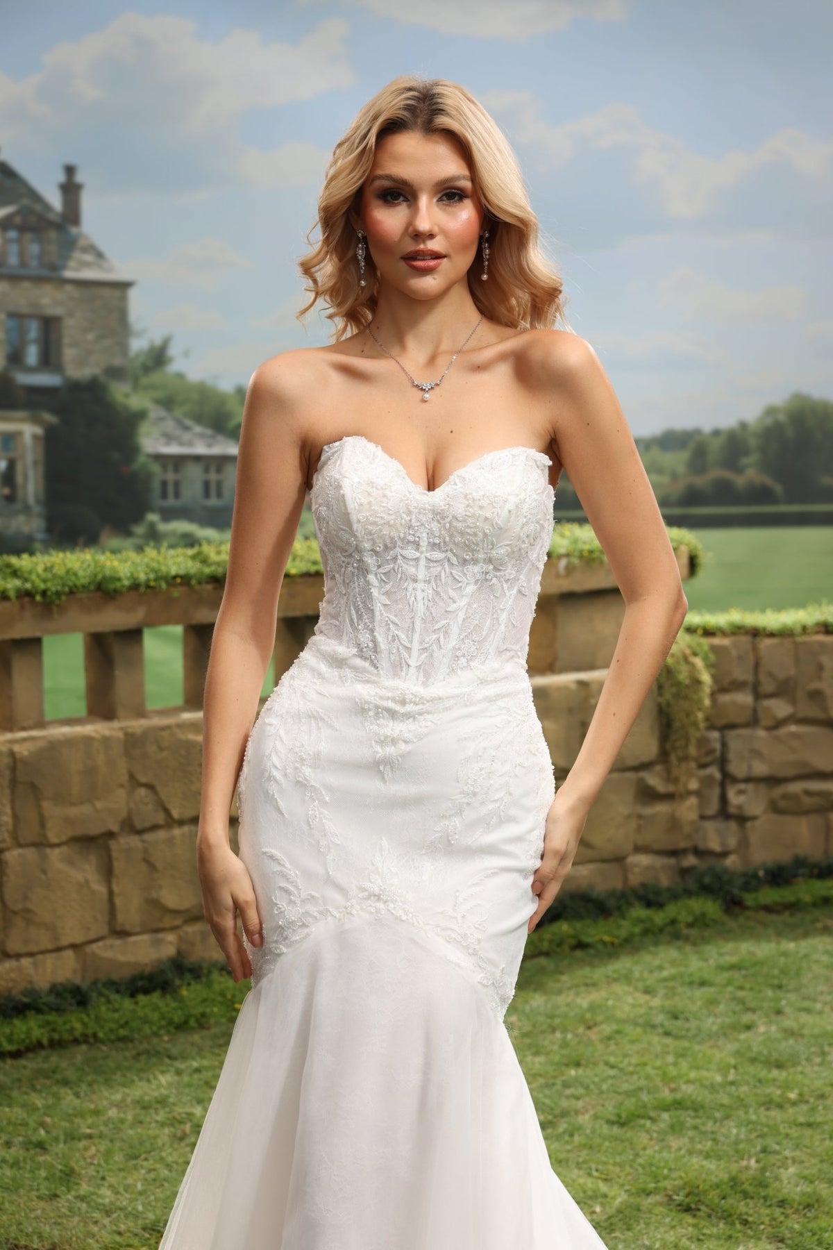 Liorenne white lace tulle wedding dress detail view 5