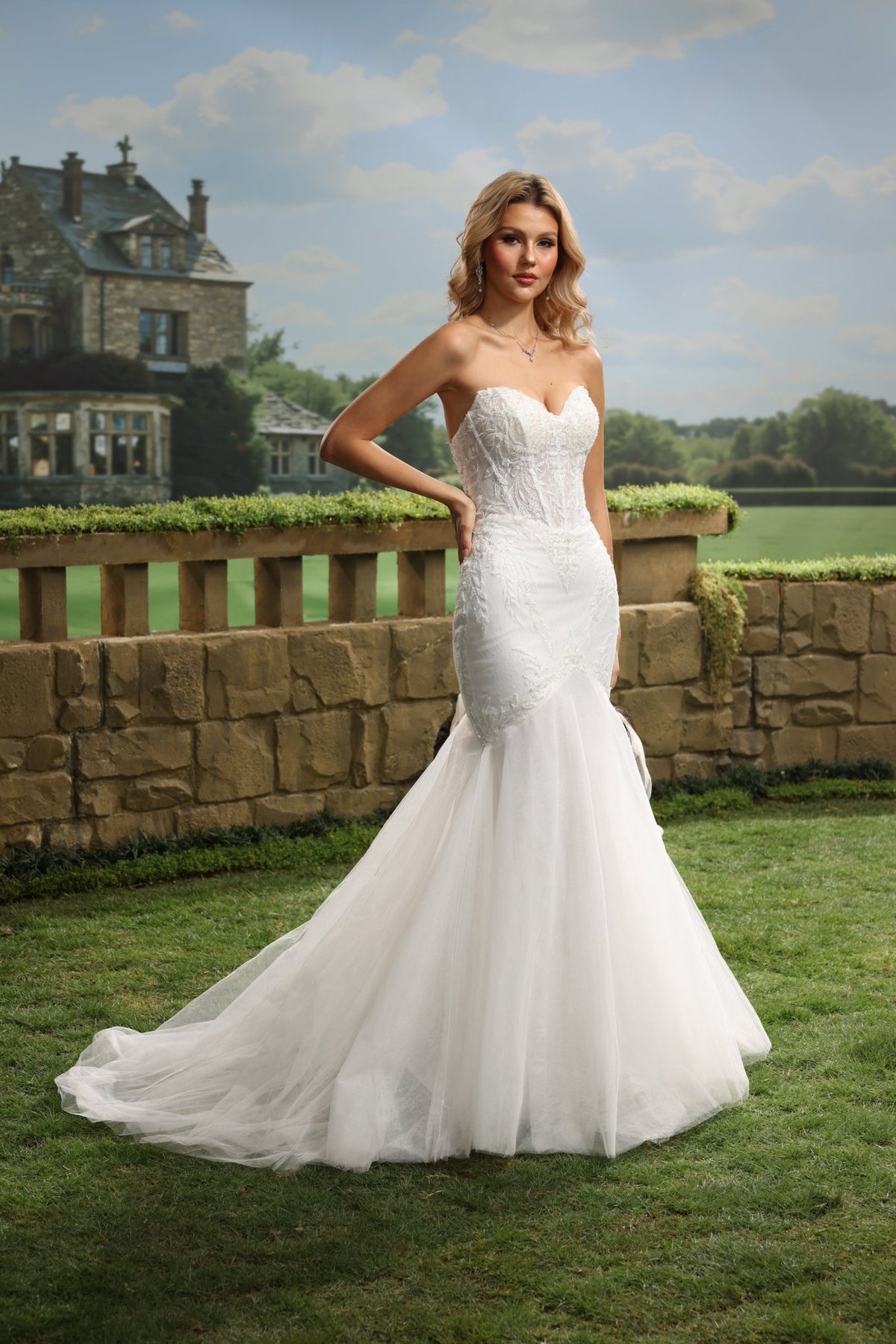 Liorenne white lace tulle wedding dress detail view 3