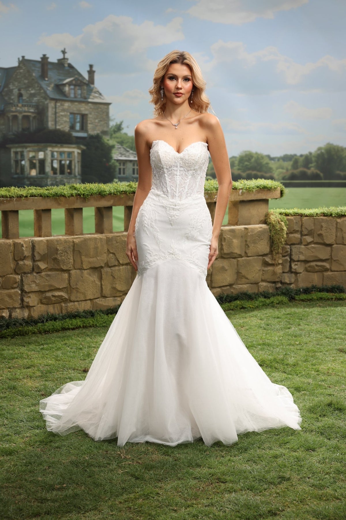 Liorenne white lace tulle wedding dress detail view 2
