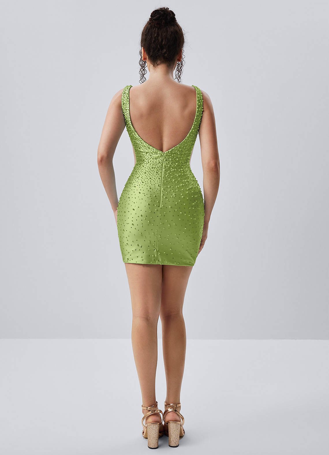 Lowillen Bodycon Mini V-Neck Stretch Satin Prom Dress in Dusty Green