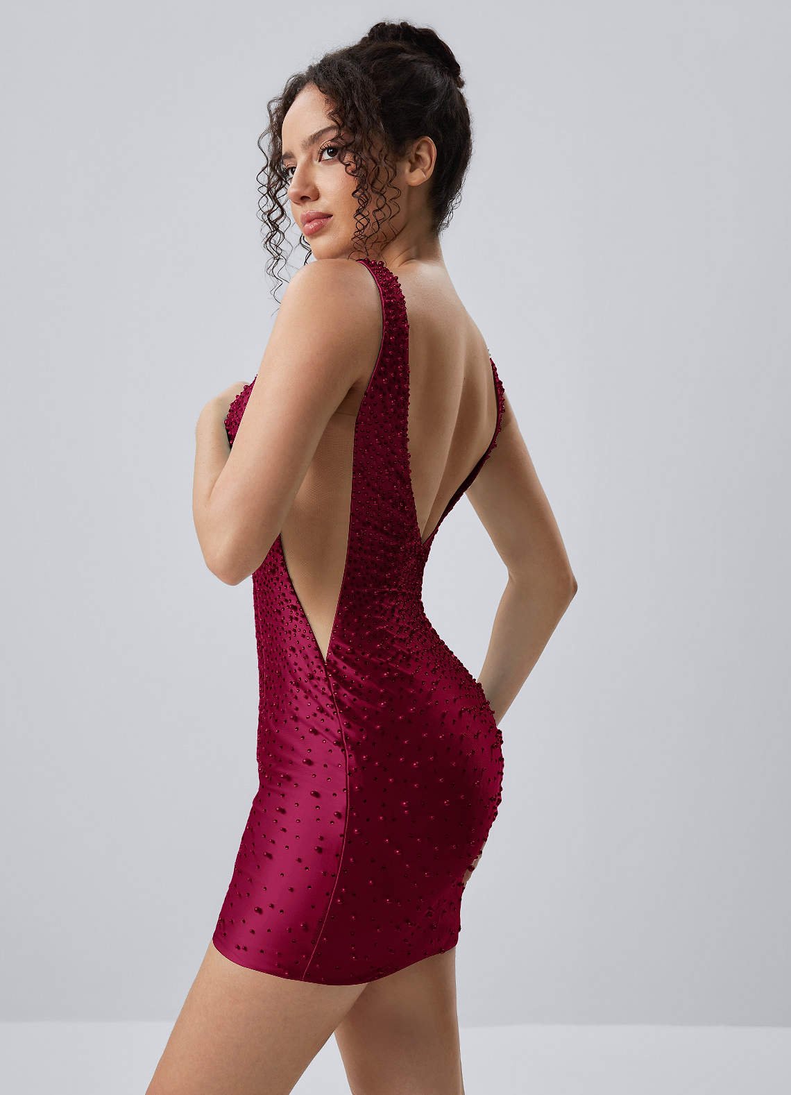 Lowillen Bodycon Mini V-Neck Stretch Satin Prom Dress in Burgundy